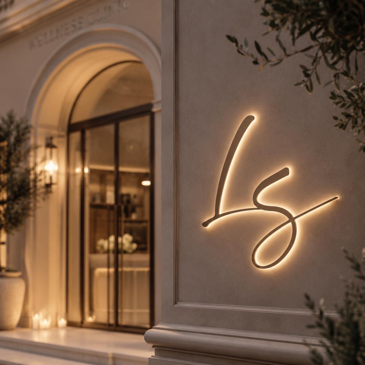 Fachada elegante com assinatura luminosa LS